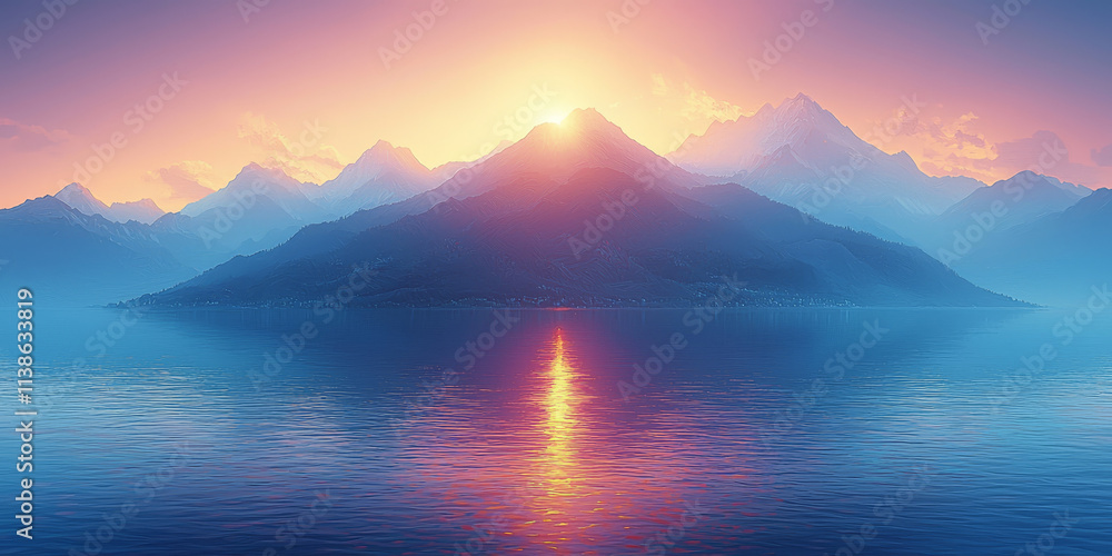Naklejka premium Serene Mountain Sunrise Over Calm Lake