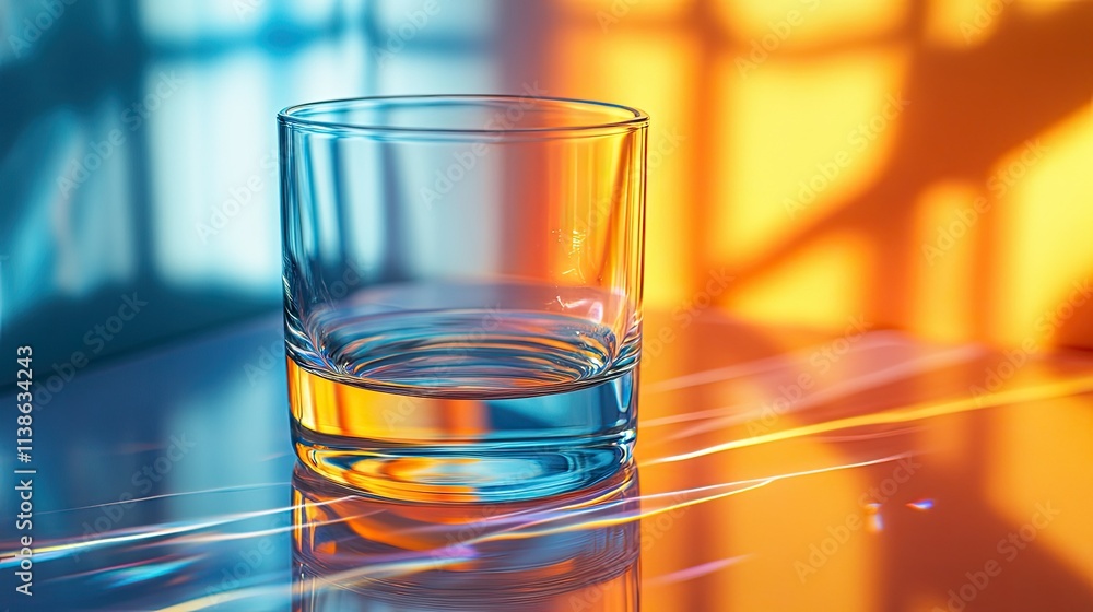 Empty glass on colorful surface with light reflections. Empty glass on colorful surface with light reflections.