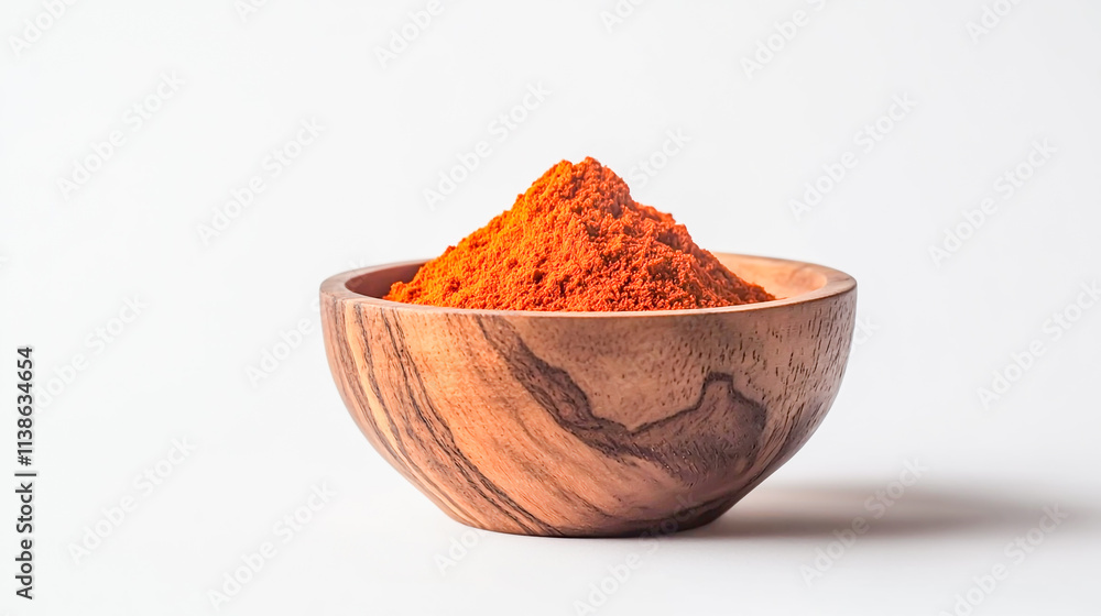 Rustic wooden bowl filled with vibrant paprika powder, isolated on a clean white background Rustic wooden bowl filled with vibrant paprika powder, isolated on a clean white background