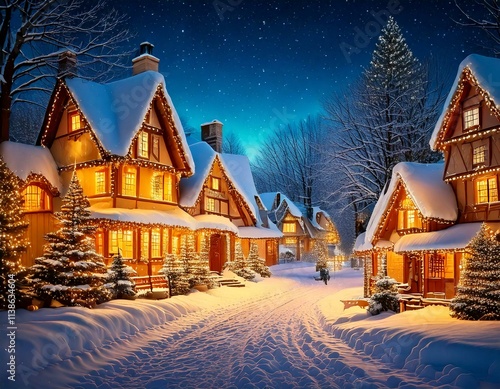 navideña. nieve, casas iluminadas