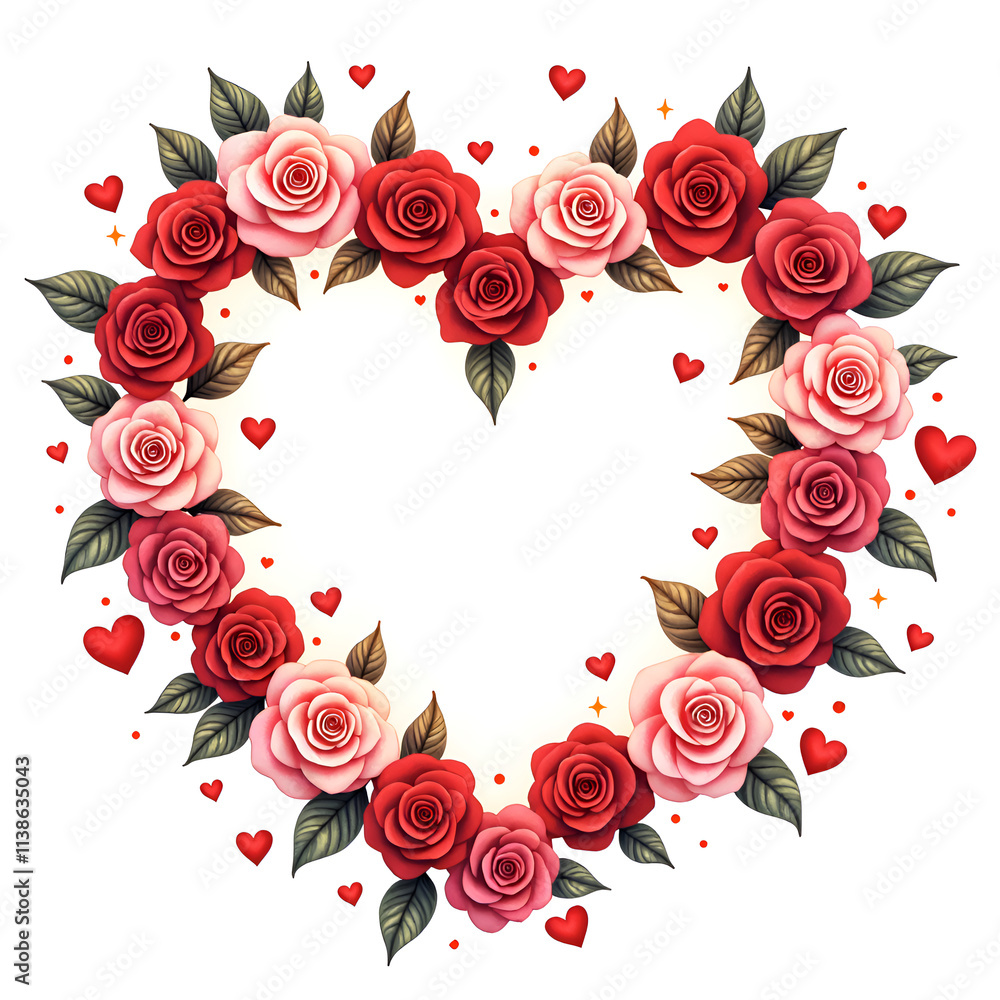 Beautiful heart shaped floral arrangement with red and pink roses on a white background, digital art of floral design concept. Beautiful heart shaped floral arrangement with red and pink roses on a white background, digital art of floral design concept.