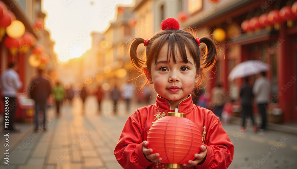 Young Girl in Traditional Red Attire Holding a Lantern During Lunar New Year Festival on a Bustling Street at Sunset Young Girl in Traditional Red Attire Holding a Lantern During Lunar New Year Festival on a Bustling Street at Sunset