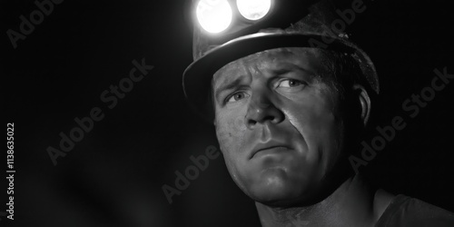 A hardworking miner looks intense while illuminated by helmet lights in a black and white photograph. photo