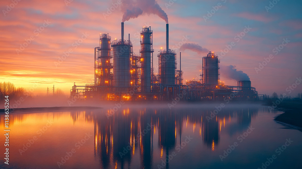 Industrial energy facility with glowing lights, smoke rising from stacks, and reflections on calm water during a vibrant sunset Industrial energy facility with glowing lights, smoke rising from stacks, and reflections on calm water during a vibrant sunset