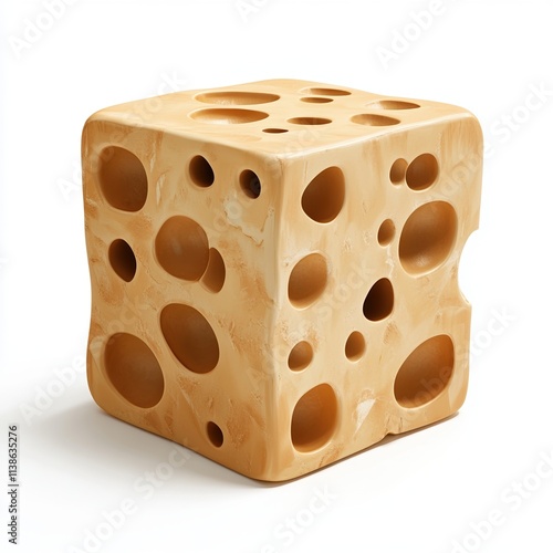 A 3D illustration of a cheese block shaped like a dice with exaggerated holes and a smooth, melted texture isolated on a white background photo