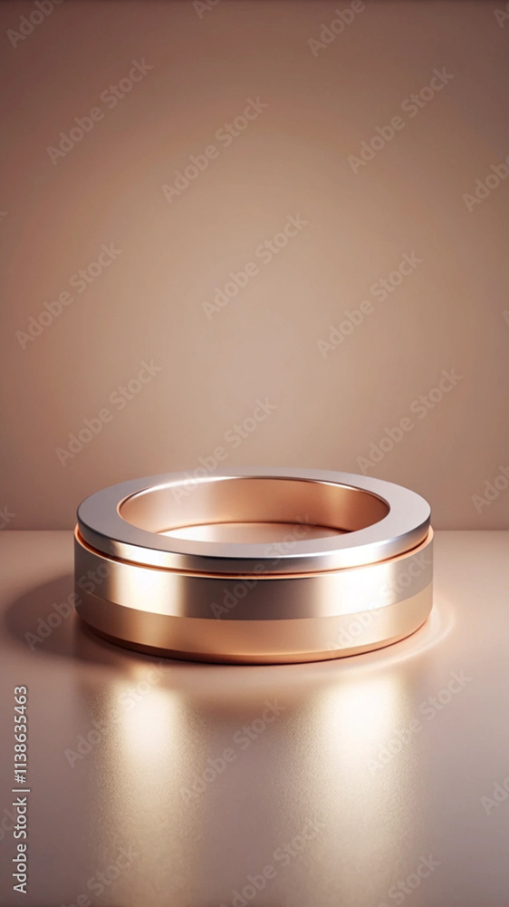 Elegant Rose Gold and Silver Ring Display Stand on Beige Background Elegant Rose Gold and Silver Ring Display Stand on Beige Background
