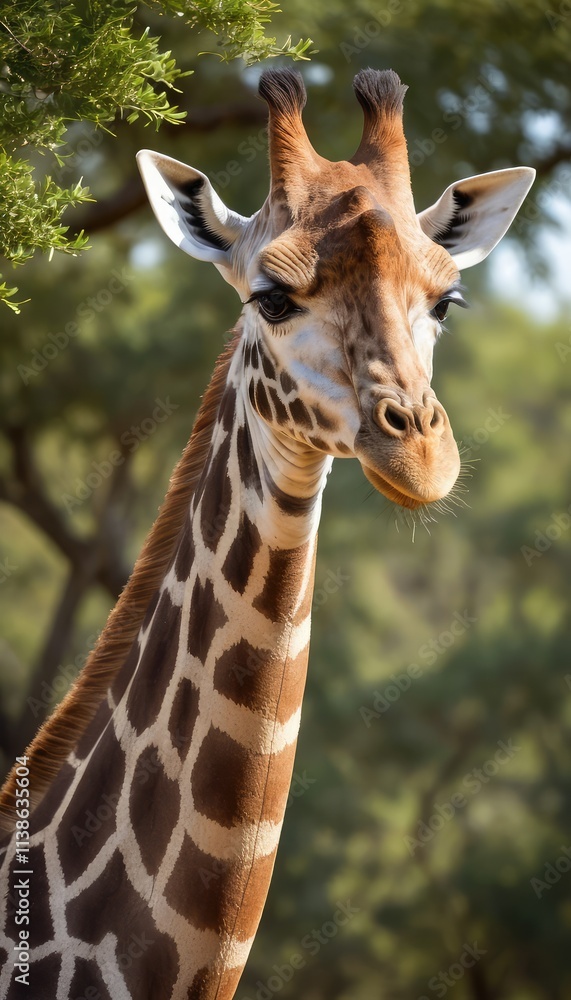 An intimate portrait of a giraffe nibbling on leaves, showcasing its large eyes, detailed fur, and elegant features, set against a peaceful and softly blurred African savanna backdrop An intimate portrait of a giraffe nibbling on leaves, showcasing its large eyes, detailed fur, and elegant features, set against a peaceful and softly blurred African savanna backdrop