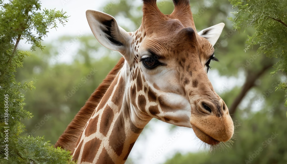 Fototapeta premium A close-up of a majestic giraffe’s face with expressive eyes and intricate fur patterns, gracefully reaching for fresh green leaves against a soft, blurred savanna background