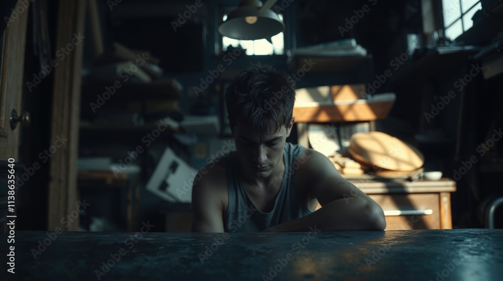 Man sits at a table in a dimly lit room Man sits at a table in a dimly lit room