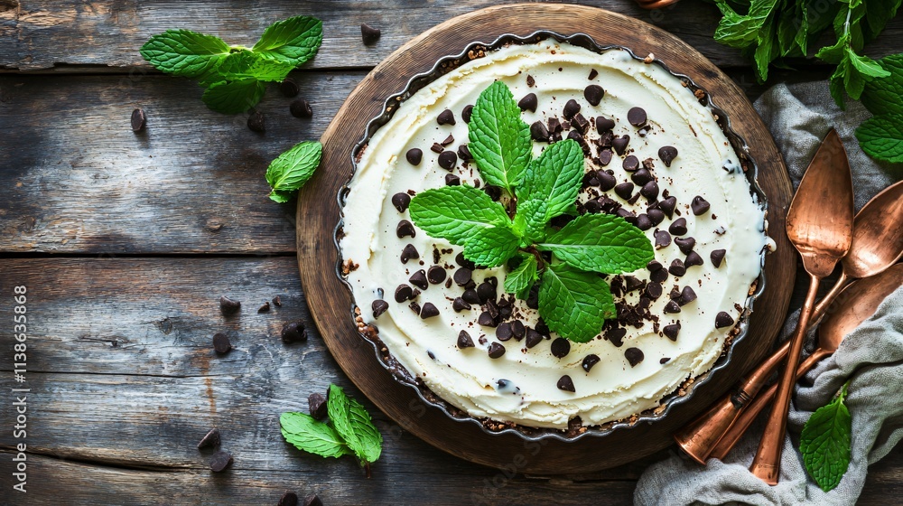 Mint chocolate chip ice cream pie with decorative mint leaves, rustic background with copper utensils and weathered wood Mint chocolate chip ice cream pie with decorative mint leaves, rustic background with copper utensils and weathered wood
