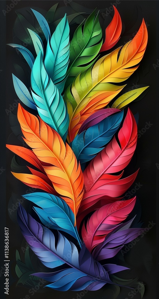 Colorful paper-cut-style feathers on a black background, leaves in the shape of feather quills. Colorful paper-cut-style feathers on a black background, leaves in the shape of feather quills.