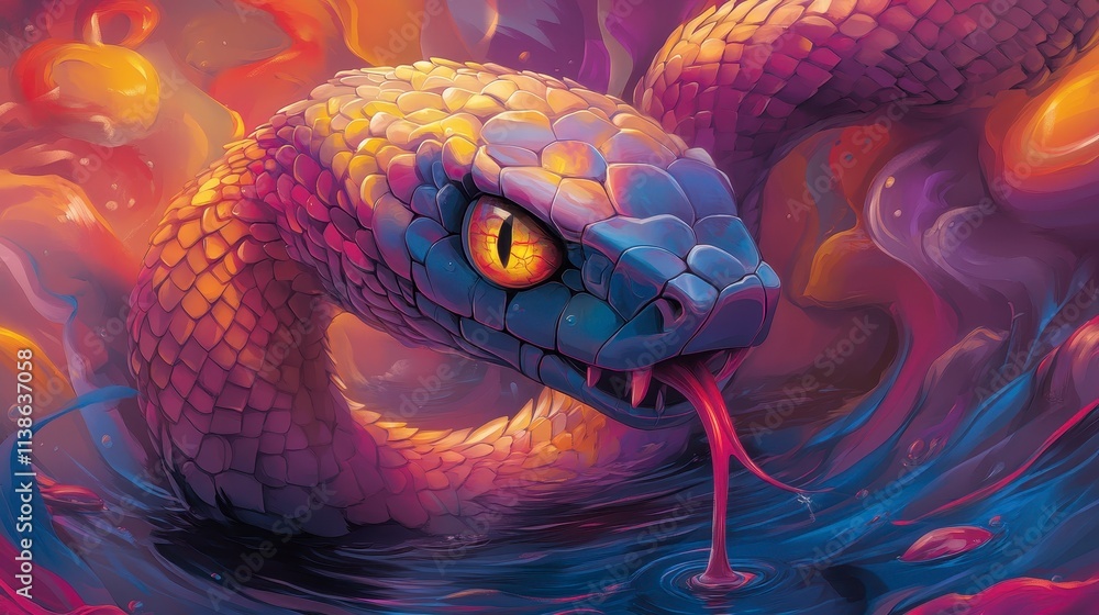 A vibrant, artistic depiction of a serpent emerging from water, featuring intense colors and an expressive eye. A vibrant, artistic depiction of a serpent emerging from water, featuring intense colors and an expressive eye.