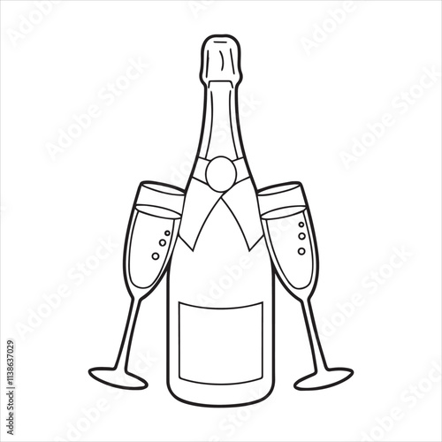 black and white drawing of a wine bottle and two glasses