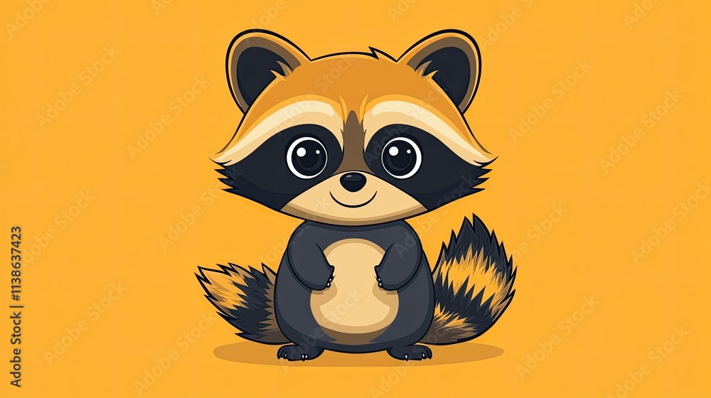 Obraz premium Adorable cartoon raccoon on yellow background.