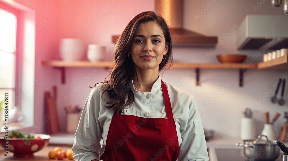 Woman in a red apron stands in a kitchen with a smile on her face Woman in a red apron stands in a kitchen with a smile on her face