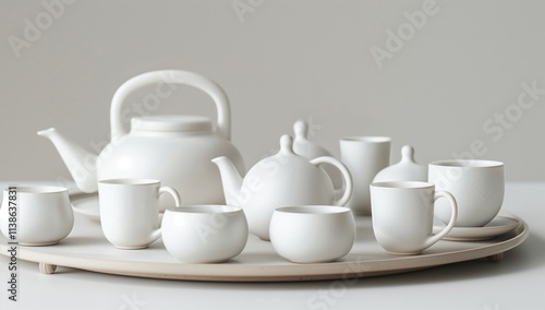 A set of white ceramic tea sets on the tray, with simple and elegant shapes.