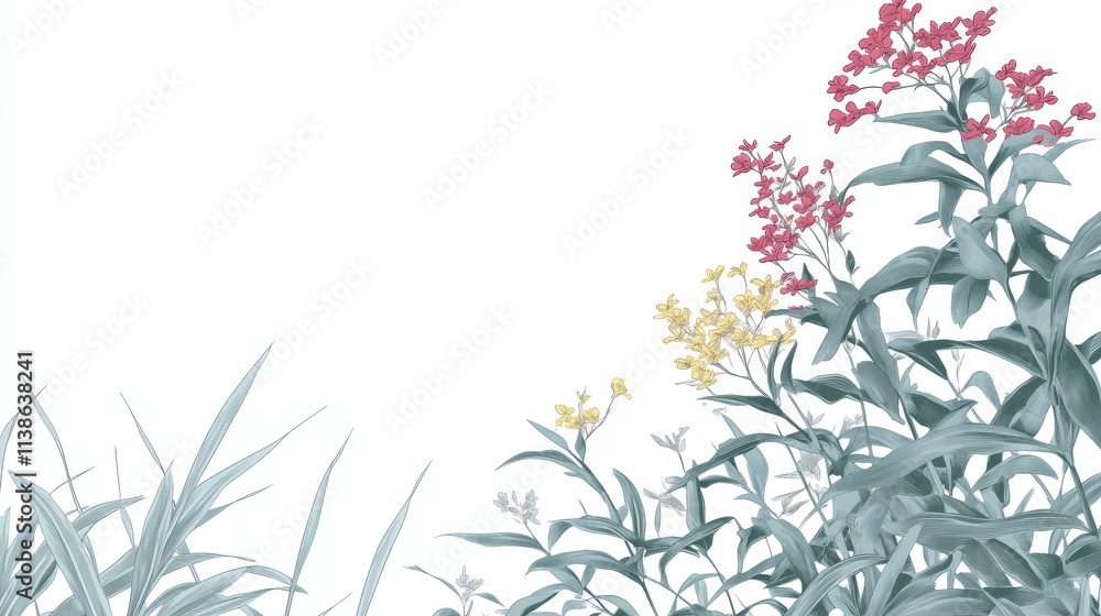 Fototapeta premium A basic and neat drawing of cartoon flowers with reduced lines, featuring a white background.
