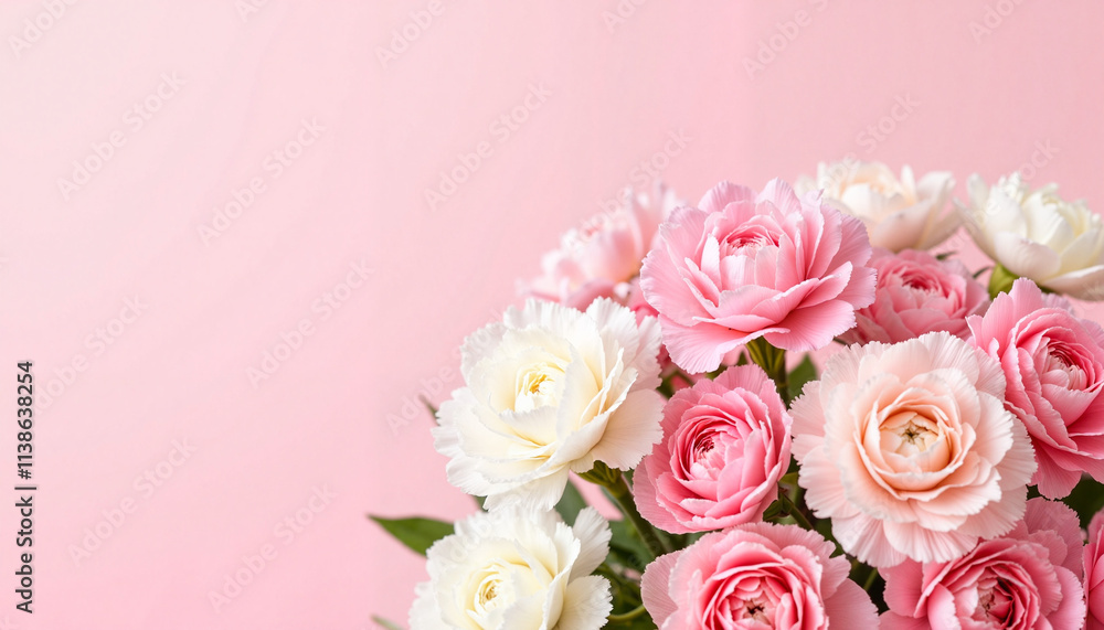 Bouquet of Pink and White Carnations Against a Soft Pink Background for International Women's Day Bouquet of Pink and White Carnations Against a Soft Pink Background for International Women's Day