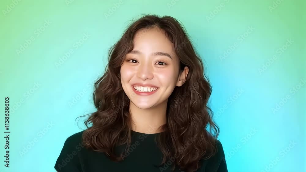 Smiling young woman with wavy brunette hair wearing casual dark shirt against vibrant green background, soft lighting and natural motion for cheerful and modern portrait footage. Smiling young woman with wavy brunette hair wearing casual dark shirt against vibrant green background, soft lighting and natural motion for cheerful and modern portrait footage.