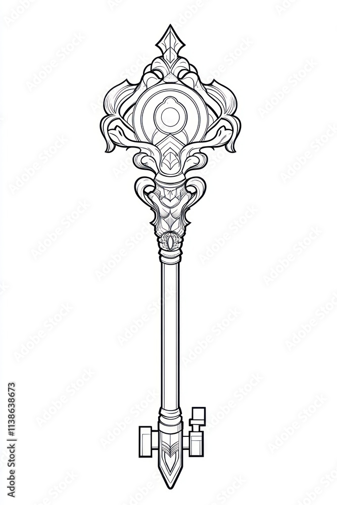 Ornate, detailed line art drawing of a large skeleton key. Ornate, detailed line art drawing of a large skeleton key.