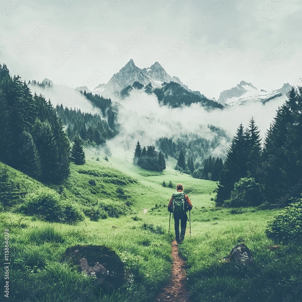 Fototapeta premium A hiker explores a misty mountain landscape surrounded by lush greenery.