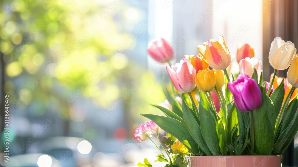 A close-up of radiant tulips in vivid shades of orange, pink, and purple, surrounded by lush green leaves, glowing beautifully in soft golden sunlight with copy space for text.