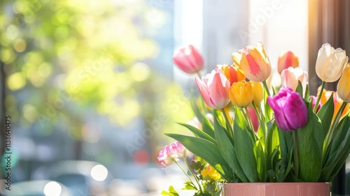 A close-up of radiant tulips in vivid shades of orange, pink, and purple, surrounded by lush green leaves, glowing beautifully in soft golden sunlight with copy space for text.