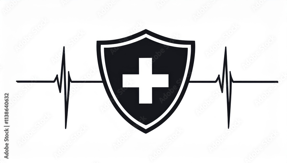Black Shield with Medical Cross and ECG Heartbeat Line Symbolizing Health Protection, Emergency Care, Healthcare Security, and Medical Monitoring Concept for Clinics, Hospitals, and Safety Branding Black Shield with Medical Cross and ECG Heartbeat Line Symbolizing Health Protection, Emergency Care, Healthcare Security, and Medical Monitoring Concept for Clinics, Hospitals, and Safety Branding