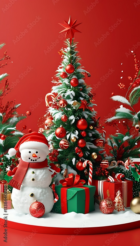Christmas trees and beautiful snowmen with various Christmas decorations are suitable for posters Christmas trees and beautiful snowmen with various Christmas decorations are suitable for posters