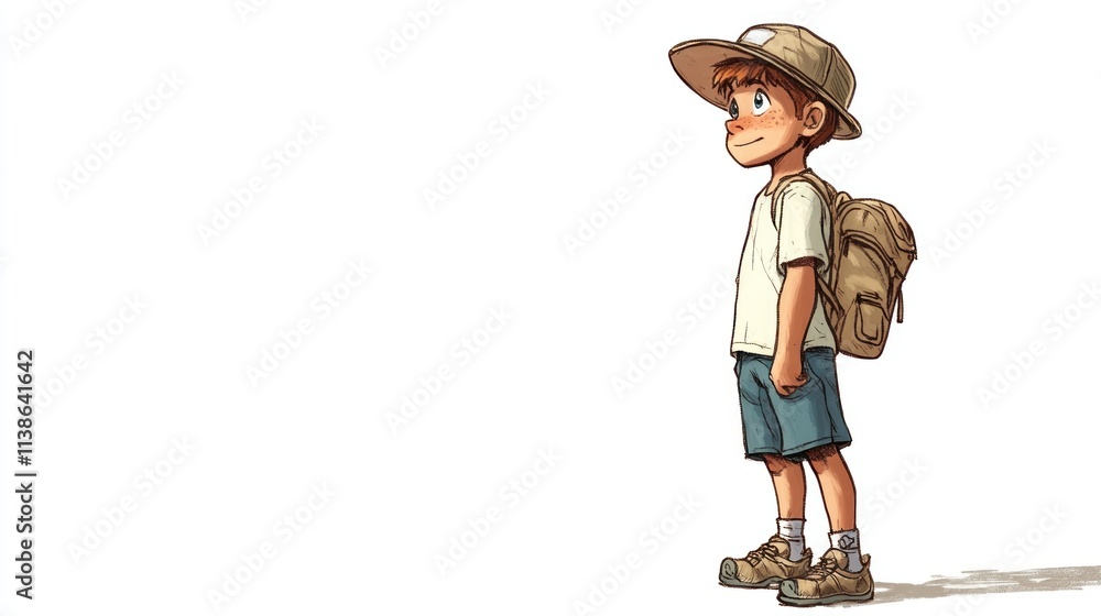 A cartoon boy in a hat and shorts, looking out into the distance with a curious expression, ready for exploration, against a clean white background. A cartoon boy in a hat and shorts, looking out into the distance with a curious expression, ready for exploration, against a clean white background.