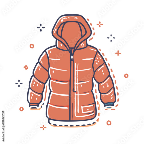Orange puffer jacket with a hood for winter.