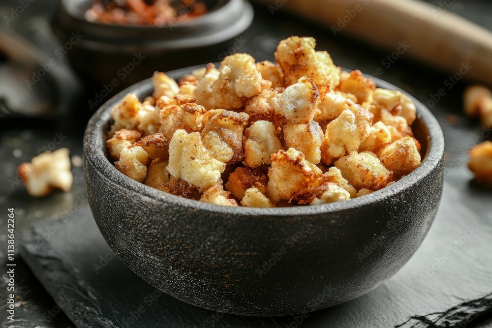 Chicken Popcorn are small slices of chicken that were coated breading and deep fried closeup in the slate dish on the table. Horizontal Chicken Popcorn are small slices of chicken that were coated breading and deep fried closeup in the slate dish on the table. Horizontal