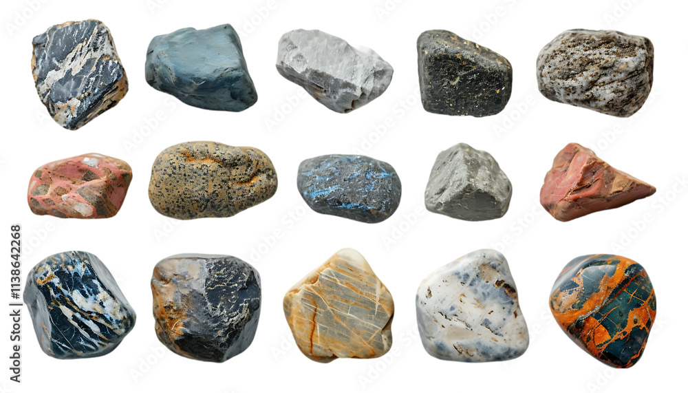 A collection of various textured and colorful stones, perfect for geology, nature, or decorative-themed visuals. Transparent PNG. A collection of various textured and colorful stones, perfect for geology, nature, or decorative-themed visuals. Transparent PNG.