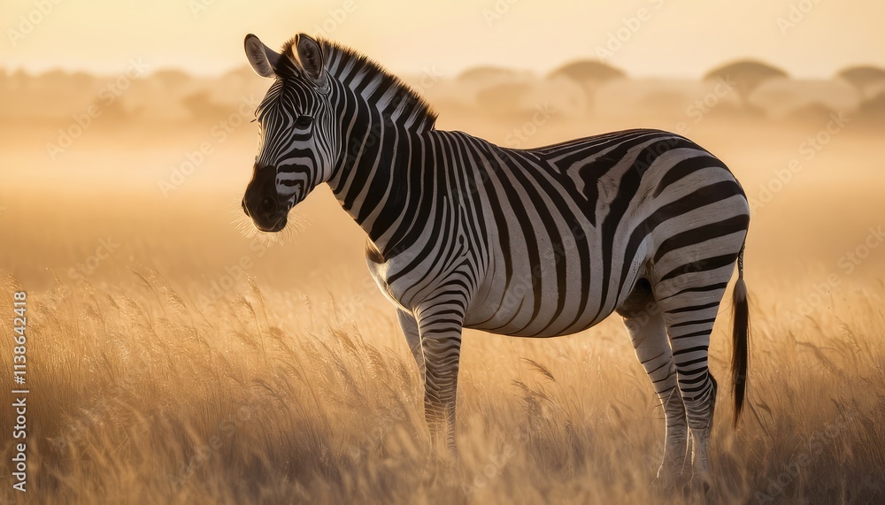 Fototapeta premium A majestic zebra standing in golden grasslands at sunrise, its bold black-and-white stripes contrasting with the warm, soft light and misty savanna in the background
