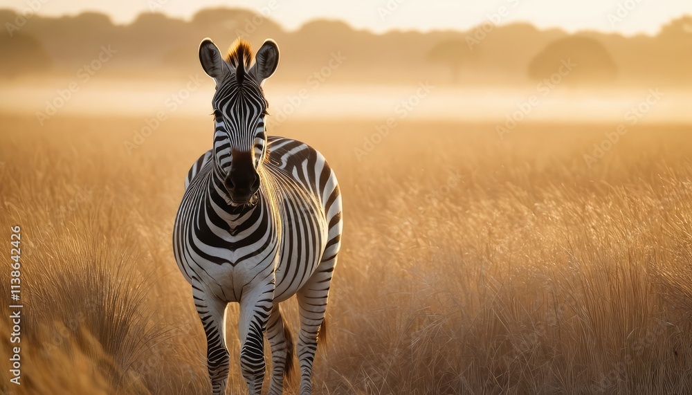 Obraz premium A stunning zebra gazing into the distance in a serene African savanna, surrounded by glowing morning light and tall golden grass, creating a tranquil and picturesque scene