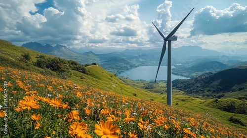 Wind turbine in scenic mountain landscape with flowers  


