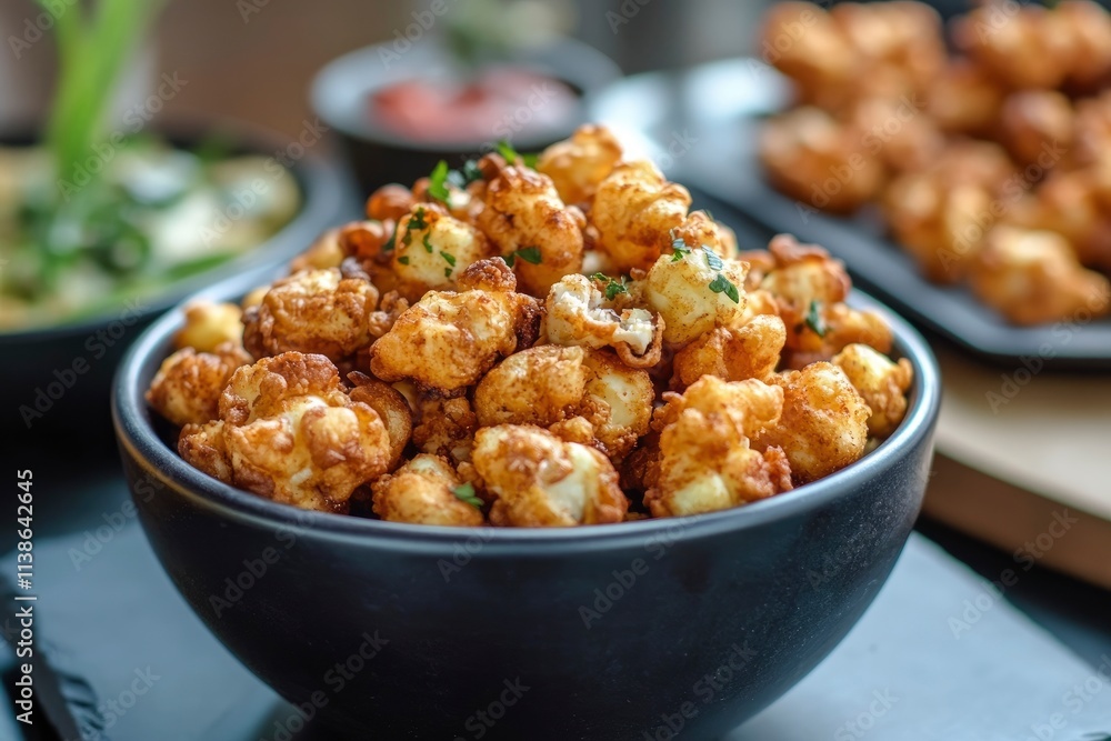 Chicken Popcorn are small slices of chicken that were coated breading and deep fried closeup in the slate dish on the table. Horizontal 