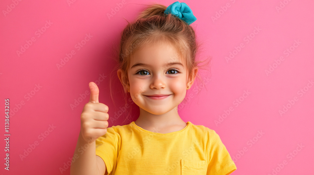 Happy Child Making Thumbs Up Gesture in Casual Dress on Pink Background Happy Child Making Thumbs Up Gesture in Casual Dress on Pink Background