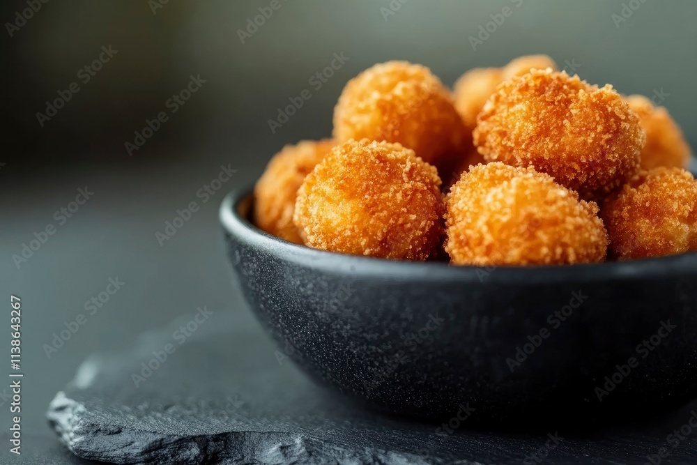 Chicken Popcorn are small slices of chicken that were coated breading and deep fried closeup in the slate dish on the table. Horizontal 