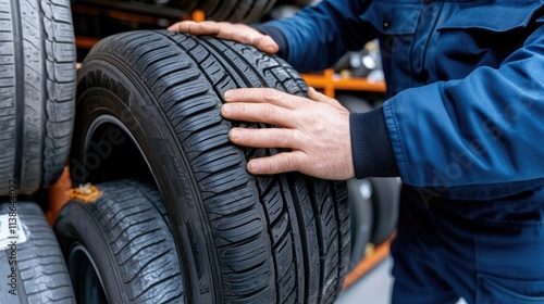 Worker in uniform and gloves retrieves a car tire from a storage rack in a warehouse filled with rubber tires photo