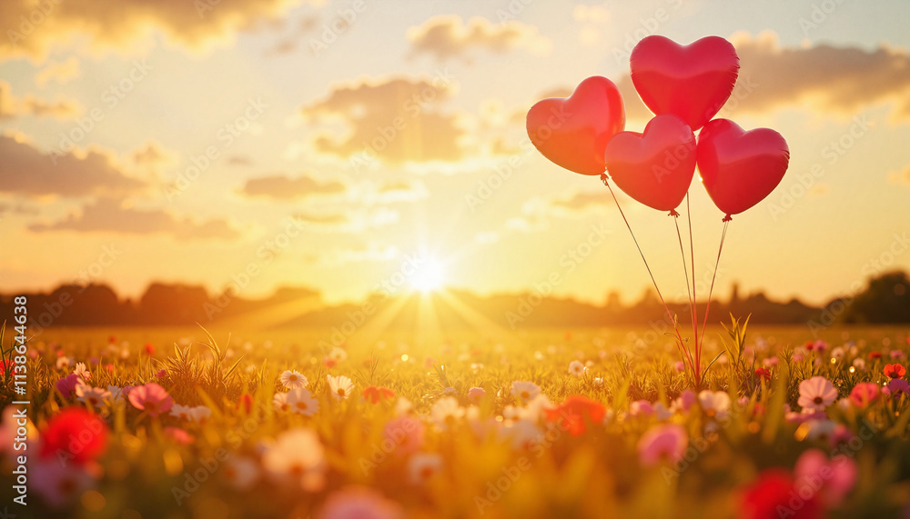 Fototapeta premium Heart-Shaped Balloons in a Flower Field at Sunset, Symbolizing Love and Romance