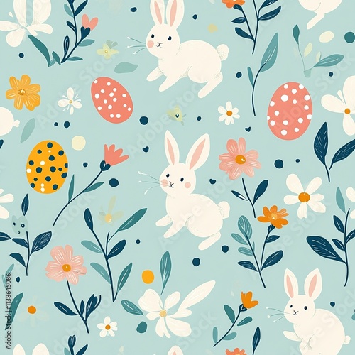 A vibrant Easter-themed vector background featuring colorful eggs, bunnies, and flowers, perfect for festive designs and decorations.

 photo