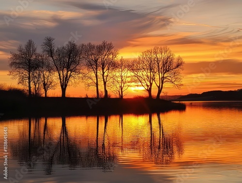 Magnificent Sunset Over a Calm Lake with Silhouette Trees