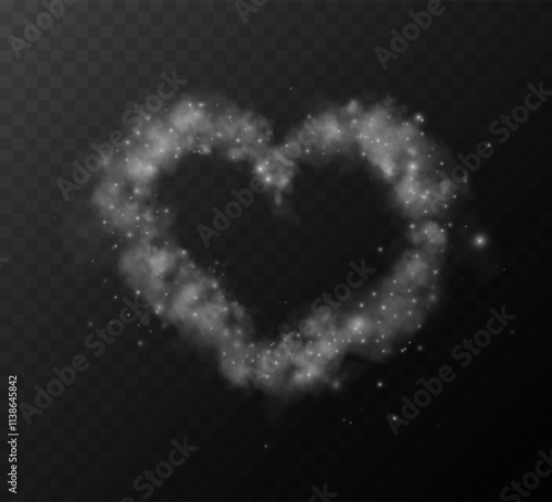 A heart-shaped star trail. Shimmering dust particles fly and leave behind a heart shaped trail. PNG. Bright particles glow with the special festive light of Christmas. Background for greeting card. photo