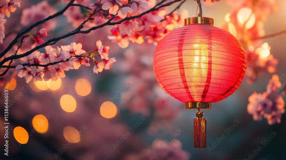 Obraz premium Chinese new year celebration in Asia. Pink, red and golden lantern on Japanese sakura tree for Lunar new year party. Background with glitter and bokeh lights. Cherry tree blossom. 