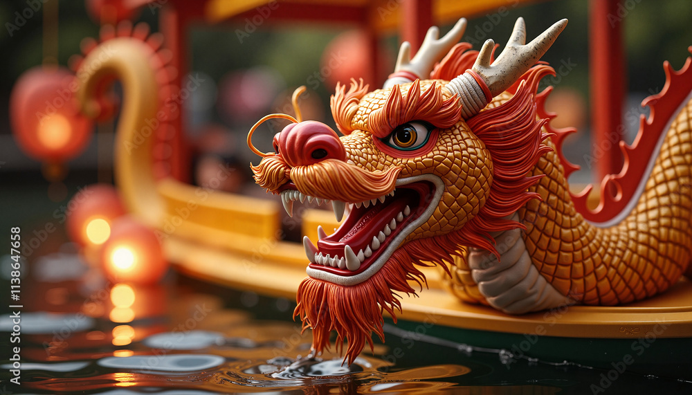 Fototapeta premium Vibrant Dragon Boat Head with Intricate Details on Water During Festival