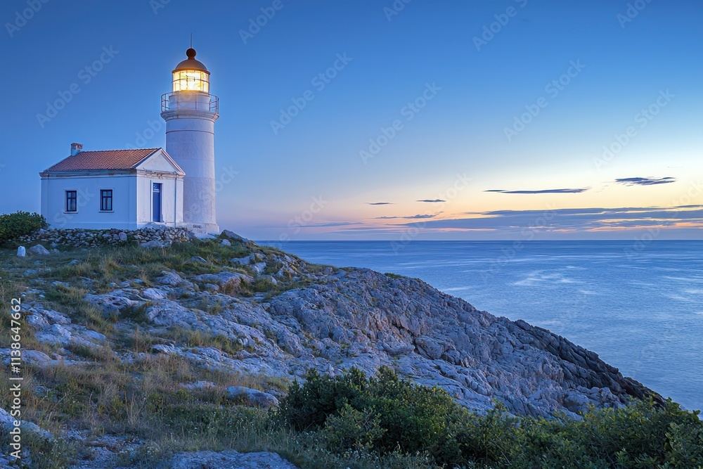 Lighthouse located on a hilltop overlooking a tranquil sea at dusk Lighthouse located on a hilltop overlooking a tranquil sea at dusk