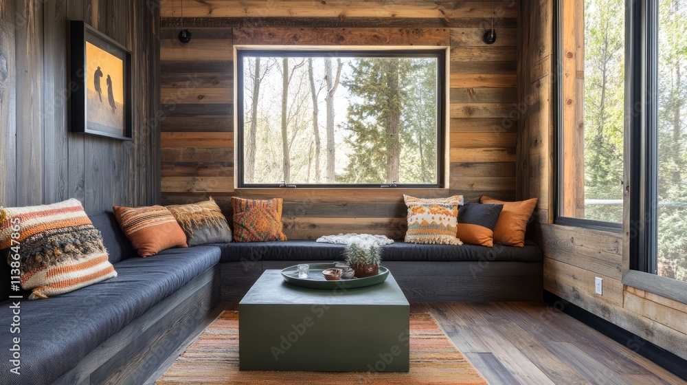 Fototapeta premium Cozy rustic room with built-in banquette, wood walls, and large window.