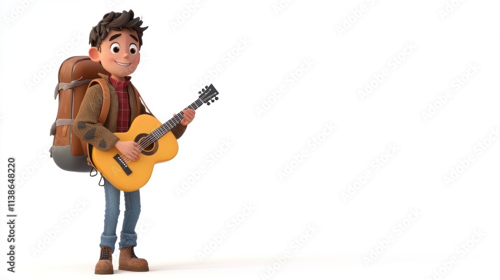 A cheerful 3D cartoon backpacker boy wearing a casual jacket and a large backpack, holding a guitar slung over his shoulder, standing confidently on a clean white background. A cheerful 3D cartoon backpacker boy wearing a casual jacket and a large backpack, holding a guitar slung over his shoulder, standing confidently on a clean white background.