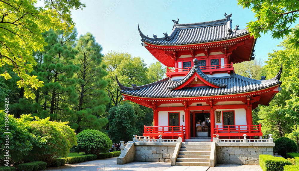 Traditional Chinese Pagoda in Lush Green Garden on a Sunny Day with Clear Blue Sky Traditional Chinese Pagoda in Lush Green Garden on a Sunny Day with Clear Blue Sky